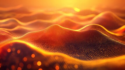 Abstract digital waves forming glowing orange particle landscape