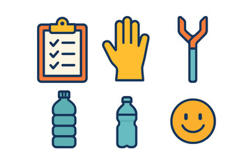 Obraz premium Collection of everyday icons including checklist, work glove, wrench, water bottle, and smiley face
