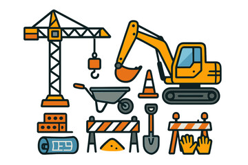 Set of construction equipment featuring heavy machinery, safety gear, and building materials