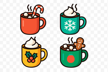 Steaming hot chocolate mugs decorated with festive winter holiday elements