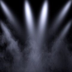 Dry ice smoke clouds fog texture.Perfect spotlight mist effect on isolated black background.Blue studio spotlight