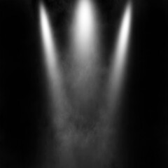 Studio room background with focus spotlights black background with spotlights shining concert stage lighting.Wet asphalt, reflection of neon lights, a searchlight, smoke.
