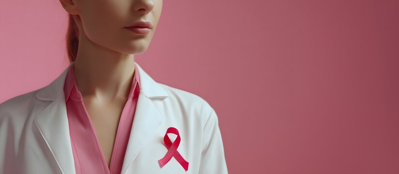 Close up of woman doctor wearing white coat and pink breast cancer awareness ribbon against soft pink background for medical support and prevention theme