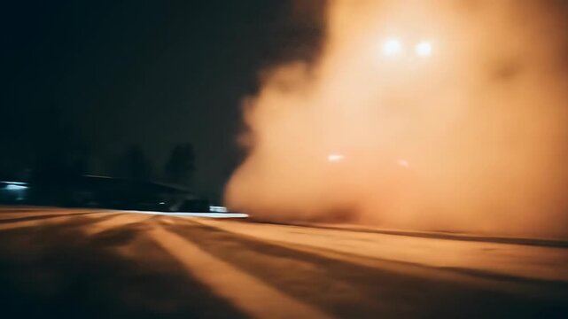 Nighttime Burnout: Car Exhaust and Road Lines