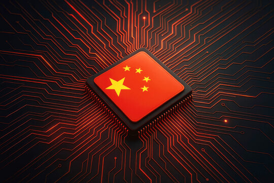 Microchip displaying the Chinese flag on a luminous red circuit board technology computer chip