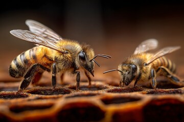 Two bees are standing next to each other on a honeycomb