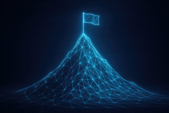 Neon Blue Wireframe Mountain Peak with Flag at Summit