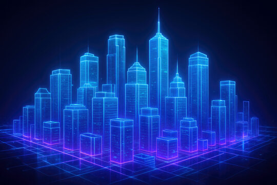 Neon blue digital cityscape with glowing grid lines on a dark background futuristic