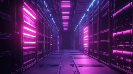Cyberpunk futuristic data center server room corridor