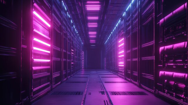 Cyberpunk futuristic data center server room corridor