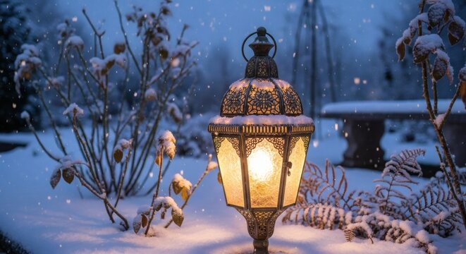 Vintage lantern in a snowy garden at night with snow falling and soft light glowing