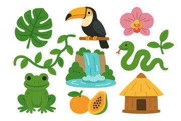Obraz premium Cute tropical rainforest animals, plants, and natural environment elements