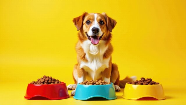 A dog sits next to two bowls of food
