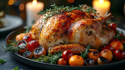 "Golden roasted chicken with seasonal vegetables and herbs, crispy skin with aromatic spices, rustic home cooking style, top view"