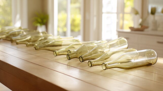 Still life of empty wine bottles casually arranged on a wooden table. bar promotions, beverage menus, designed for food & beverage menus and cafe branding, used by architects.