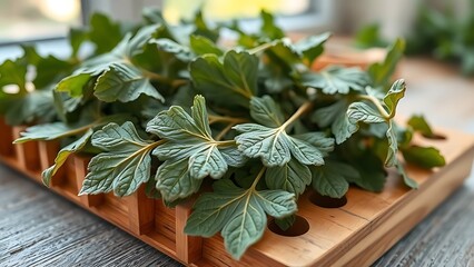 tolerable. Close-up of dried lovage leaves on a wooden rack with natural morning light. gardening catalogs, home-decor guides, designed for home decor and floral branding, used by sports marketers.