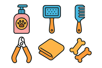 Colorful icons set depicting essential dog grooming equipment and pet care items