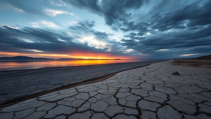 prologue. A receding lake shoreline with exposed cracked dry lakebed under a vast dramatic sunset sky. inspiring travel planning, ESG reports, designed for environmental awareness campaigns.