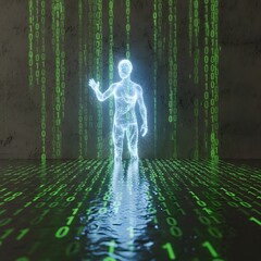 Futuristic digital human hologram with binary code and virtual environment, representing technology, innovation, and artificial intelligence concepts