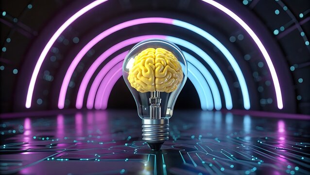 Glowing brain in lightbulb on circuit board digital art - Powered by Adobe