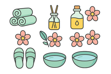 Set of spa treatment elements with rolled towels, aromatherapy diffuser, essential oil bottle, and flowers