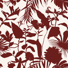Seamless delicate pattern with  tropical line silhouette flowers and leaves. Bright tropical rainforest illustration.