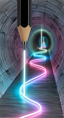 A creative digital illustration of a pencil drawing a colorful, glowing, neon-like line that spirals through a tunnel with a textured wooden background