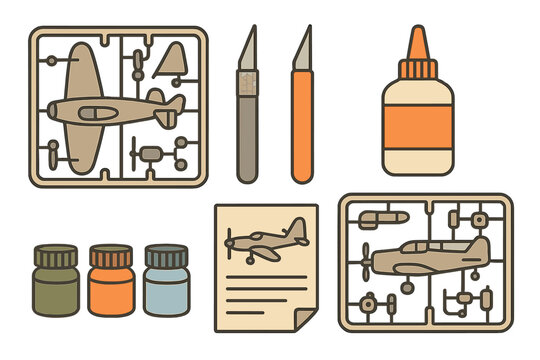 Scale model airplane kit components including sprues, hobby knives, paint, and glue