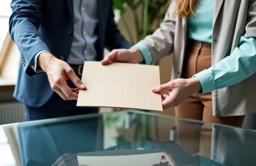 Business professionals exchanging a document during a meeting in an office setting