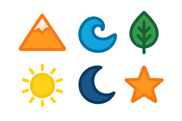 Simple flat icons of natural elements: mountain, wave, leaf, sun, moon, and star