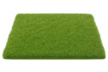 Green artificial grass mat in a trapezoid shape with soft, fluffy texture, isolated on a transparent background
