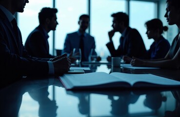 Business meeting with silhouettes of professionals discussing around a conference table in a modern office setting