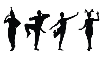 set of four festive human silhouette icons with party hat, antlers, dance and expressive poses for celebration and holiday themes