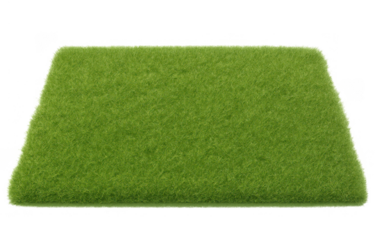 Green artificial grass mat in a trapezoid shape with soft, fluffy texture, isolated on a transparent background