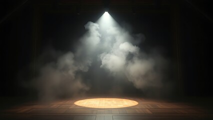 backstage. Dramatic spotlight on an empty wooden stage, creating a theatrical and mysterious atmosphere. event programs, museum guides, designed for cultural heritage projects and event programs.