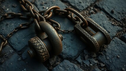 tennessine. Weathered rusted shackles lie on rough stone, chains trailing into shadow. event programs, museum guides, designed for cultural heritage projects and event programs.