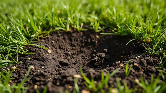 spodumene. Small depression in lawn with scattered soil fragments and textured ground. real-estate listings, architecture portfolios, designed for real-estate listing and luxury residence showcases.