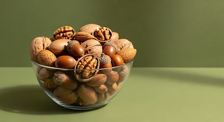 Glass bowl filled with assorted nuts including walnuts almonds and acorns on a green background