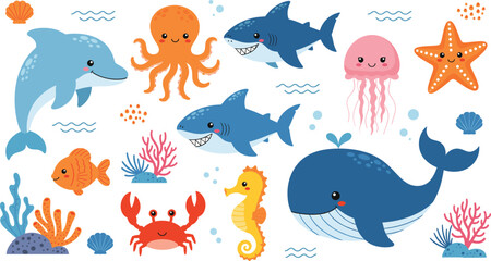 Set of Cute Cartoon Sea and Ocean Animals, Including Dolphin, Whale, Shark, Starfish, Octopus, Crab, and Jellyfish for Kids Education and Decoration Vector