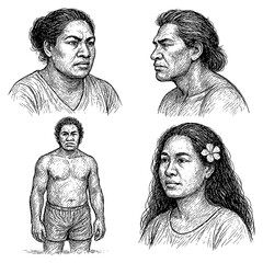 Polynesian People in Traditional Cultural Poses in Vintage Sketch Style