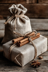 Rustic burlap wrapped gift with cinnamon sticks and drawstring bag