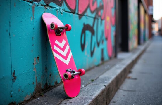 Pink skateboard with white chevron design leaning against a colorful graffiti wall on an urban street - Powered by Adobe