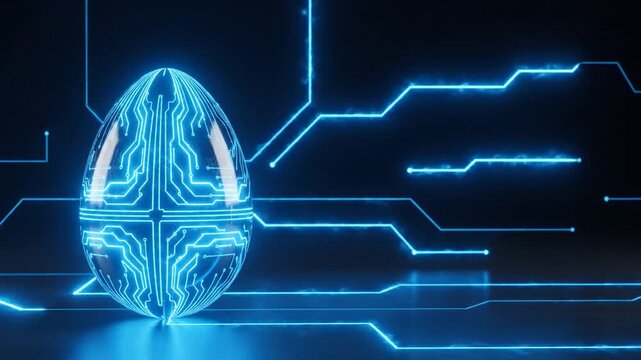 Futuristic glowing neon blue Easter egg concept for tech innovation