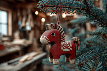 Red wooden horse ornament hanging from evergreen Christmas tree branch