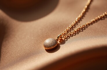 A close-up of a gold necklace with a textured spherical pendant resting on a sandy surface