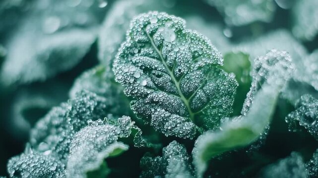 Close-up of a leafy green plant covered in glistening water droplets