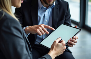 Business professionals discussing on digital tablet in modern office environment