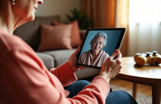 Woman video calling an elderly woman on a tablet in a cozy living room setting