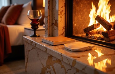 Cozy living room with a lit fireplace and marble mantel displaying books and decorative items