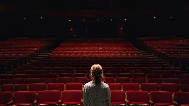 Teen rehearsing dramatic monologue in an empty auditorium
